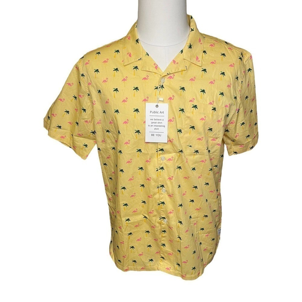 Public Art Flamingo Palm Men’s Yellow Short Sleeve Shirt Size XL